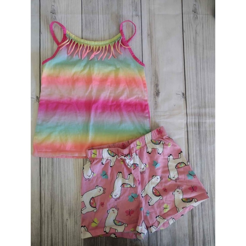 The Childrens Place Girls 5T Rainbow Ombre Fringe Tank and Llama Shorts Set